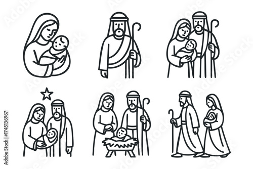Nativity scene depicting holy family with shepherds and star. Set of 6 black Christmas icons