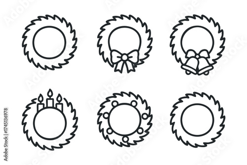 Decorative wreath designs for festive celebrations and invitations. Set of 6 black Christmas icons