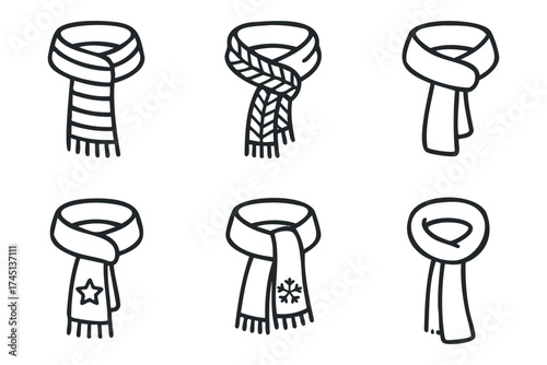 Different styles of scarves for winter fashion and warmth. Set of 6 black Christmas icons
