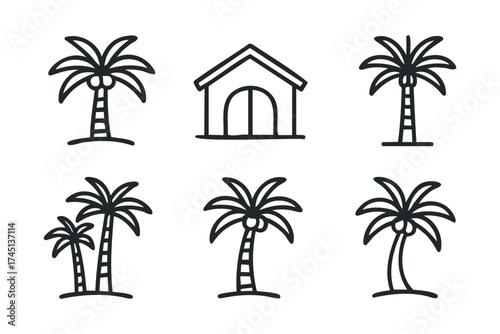 Tropical scene with palm trees and a sunny house. Set of 6 black Christmas icons