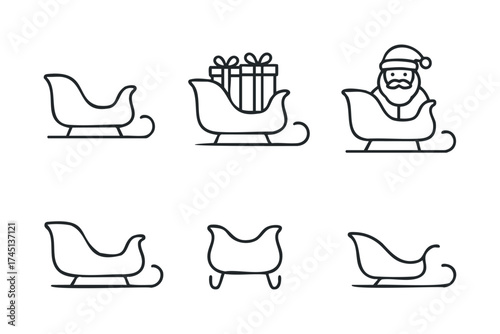 Santa sleigh with gifts and Christmas spirit for holiday designs. Set of 6 black Christmas icons
