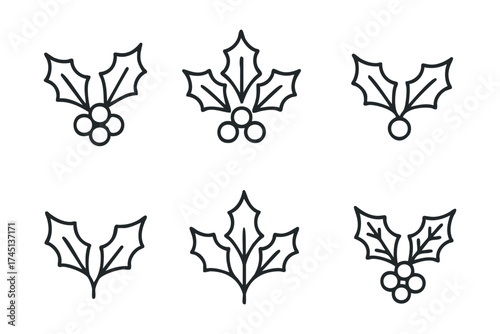Simple holly leaves and berries design for holiday projects. Set of 6 black Christmas icons