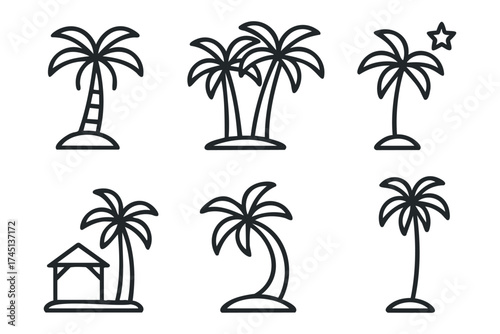 Beach vacation theme with palm tree designs for creative projects. Set of 6 black Christmas icons