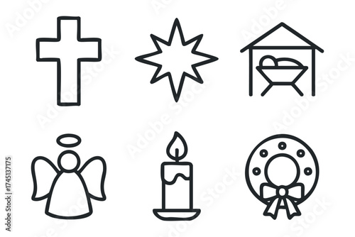 Holiday symbols for festive celebrations and decorations. Set of 6 black Christmas icons