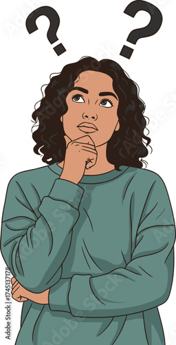 Vector art of a young woman with curly hair, wearing a teal shirt, stands with her hand on her chin, looking up with question marks above her head