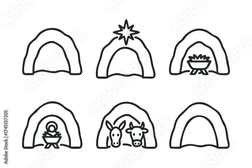 Nativity scene icons for holiday design and decor ideas. Set of 6 black Christmas icons