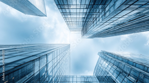 Looking up at modern skyscrapers against a bright, cloudy sky. An upward perspective showcases the sleek design of contemporary skyscrapers, creating a sense of height and grandeur under a bright sky