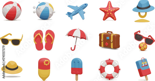 Vector art of collection of summer vacation and travel icons, including beach ball, airplane, starfish, sunglasses, flipflops, umbrella, suitcase, hat, ice cream, lifebuoy, and luggage