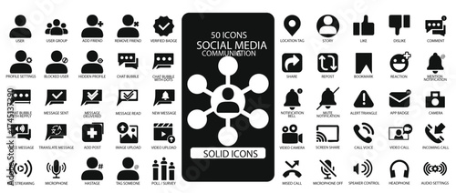 Social Media Communication Icons sheet, Solid Style Icons for Social Media and Chat Applications – Black Solid Vector Pack