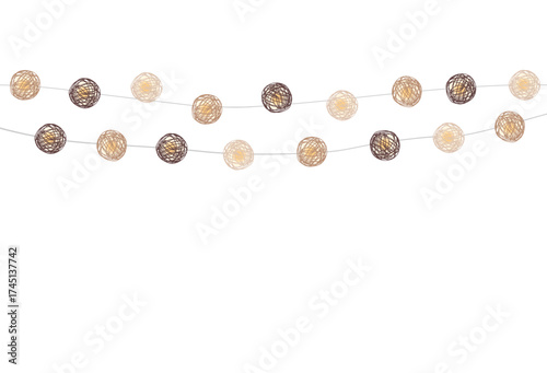 Lights thread ball garland decoration element for Birthday or Christmas. Festive lighting string in Scandinavian style, isolated vector illustration.