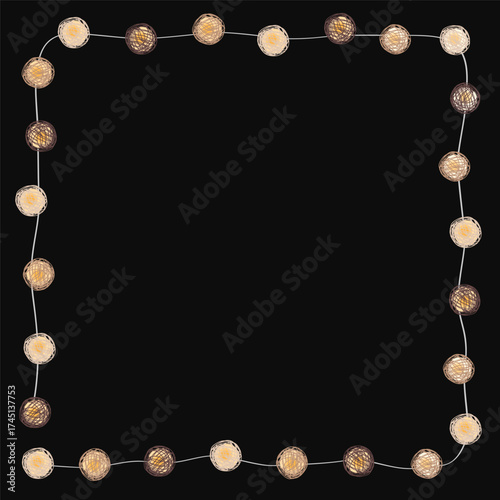 Lights thread ball garland square frame. Decoration element for Birthday or Christmas. Festive lighting string in Scandinavian style, isolated vector illustration