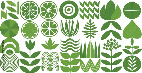 Vector art of a vibrant collection of green abstract geometric and organic shapes, including stylized leaves, flowers, citrus slices, and wavy patterns, arranged in a grid