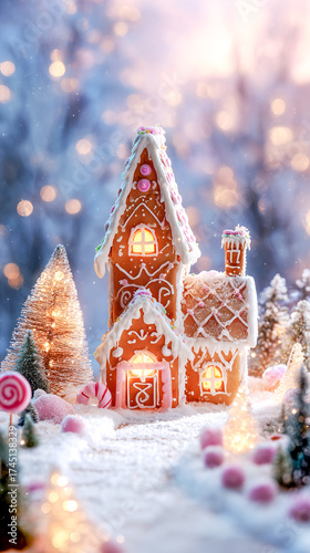 Magical winter village scene with glowing gingerbread houses and soft bokeh lights