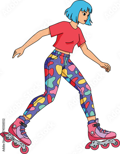 Rollerblading, colorful outfit, urban lifestyle, active youth, vibrant fashion, outdoor activity, fun movement, modern recreation, stylish sportswear, energetic expression