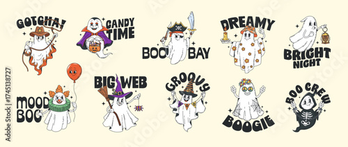 Cartoon Halloween ghost characters y2k hippie groovy stickers. Vector retro groovy ghosts wearing Halloween night party costumes of witch, vampire, skeleton and clown, pirate and cowboy y2k stickers