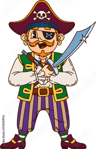Cartoon European pirate and corsair sailor character with captain hat, saber and pistol poses joyfully. Vector groovy cheerful y2k rover personage with ginger mustaches and beard wears an eye patch