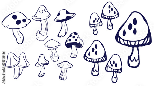 Outline mushrooms doodle big set. Fungi hand drawn sketch of various shapes and sizes isolated on white background