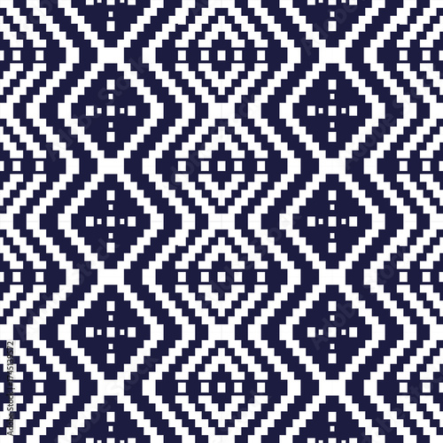 Ethnic textile geometric seamless pattern - Traditional Thai indigo fabric texture with modern symmetry for home decor and fashion background textile design