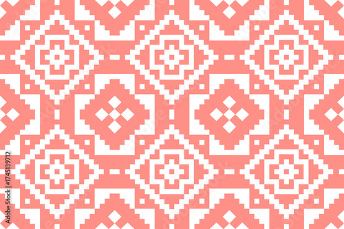 Ethnic textile geometric seamless pattern - Pink Thai handwoven fabric with cultural motif and bohemian symmetry for ethnic fashion, crafts, and textile backgrounds