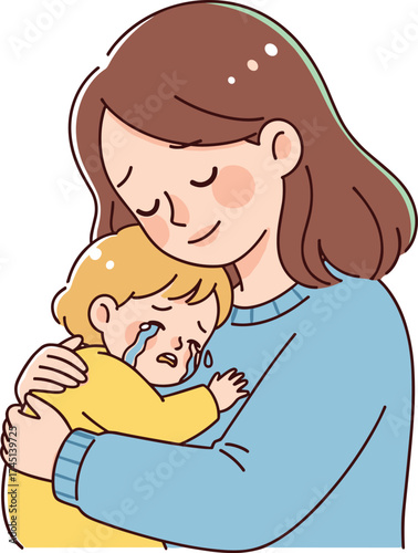 Woman hugging crying child with compassion, emotional support, family care, maternal love, empathy, parent comforting kid, tender childhood bonding moment