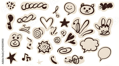 Playful Scribble Doodle Icon Set – Fun Hand Drawn Clipart for Stickers, Branding, and Creative Design - Cute cutout elements for collage. 