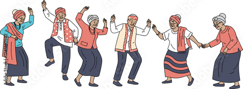 Elderly people dancing in traditional clothing, cultural celebration, joyful senior lifestyle, community festival, heritage expression, active aging, happy older adults