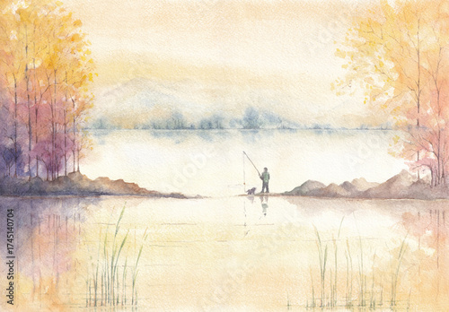 Rural nature landscape man fishing with dog beautiful autumn evening with trees on the lake Watercolor painting
