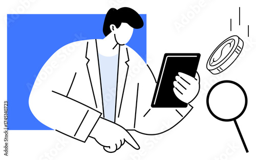 Person in formal attire holding tablet, observing coin and magnifying glass. Ideal for finance, analysis, technology, decision-making, problem-solving, strategy professional services. Simple flat