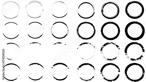 Collection of circles with varying thickness and textures arranged in a grid pattern on white background
