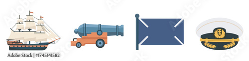 A colorful nautical set featuring a sailing ship, a cannon on wooden wheels, a navy blue flag with white cross, and a white captain's hat with gold emblem.