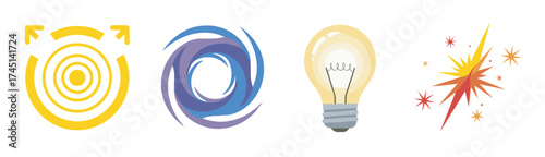 Colorful illustrations of a yellow target, a blue swirl, a light bulb, and an orange sparkle symbolizing ideas and creativity.