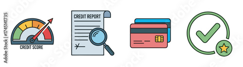 Colorful set of icons depicting a credit score gauge, a credit report with a magnifying glass, two credit cards, and a green checkmark with a star.