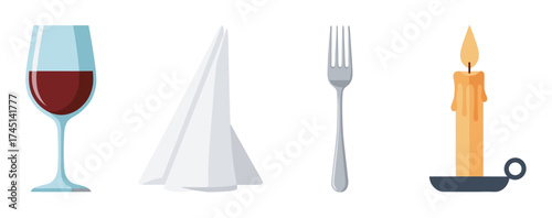 Glass of red wine, folded white napkin, silver fork, and lit candle in a dark holder arranged in a line.