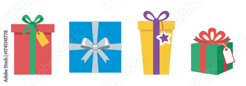 Four colorful gift boxes with decorative bows and tags are arranged in a row, showcasing different sizes and ribbon designs.