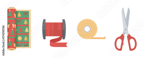 Christmas-themed wrapping paper roll, red ribbon spool, adhesive tape, and scissors for gift wrapping.