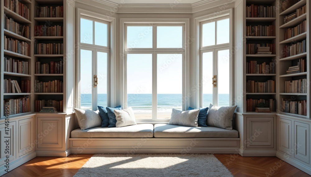 Fototapeta premium Cozy room with bookshelves and window seat overlooks ocean. Perfect for remote work video calls and online team meetings in a comfortable professional setting.