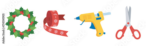 Festive holiday crafting essentials featuring a green holly wreath, red snowflake ribbon, yellow glue gun, and red-handled scissors.