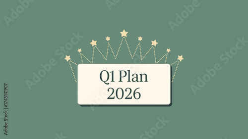 Q one plan two thousand twenty six on a banner with stars on a green background illustration