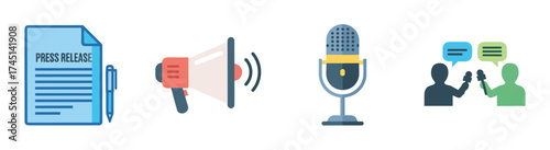 Colorful icons representing press communication tools including a document with a pen, a megaphone, a vintage microphone, and two figures having a discussion.