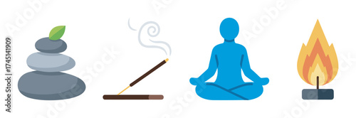 A collection of four icons depicting balanced stones with a leaf, a burning incense stick, a blue silhouette in a meditative pose, and a stylized flame on a stand.