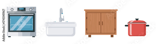 Set of four kitchen items including a modern electric oven, a stainless steel sink, a wooden cabinet, and a red cooking pot.