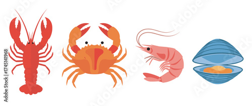 Colorful vector illustration of a lobster, crab, shrimp, and clam, showcasing a variety of seafood species in a simplistic cartoon style.