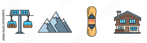 Colorful icons depicting a ski lift, mountain peaks, snowboard, and a chalet, representing winter sports and vacation themes.