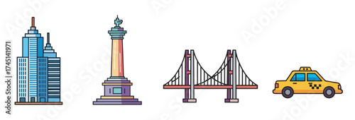 Urban icons featuring a modern skyscraper, a historical column-like monument, a suspension bridge, and a classic yellow taxi cab.
