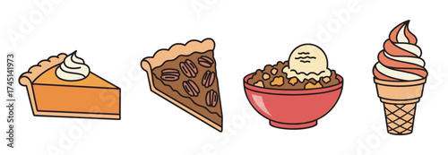 Four illustrated dessert icons including a slice of pumpkin pie with whipped cream, pecan pie slice, bowl of apple crisp with ice cream, and a swirl ice cream cone.
