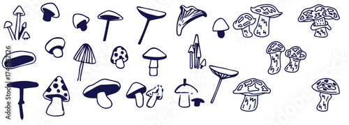Outline mushrooms doodle big set. Fungi hand drawn sketch of various shapes and sizes isolated on white background
