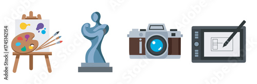 Art and design concept featuring a color palette and easel, abstract sculpture, vintage camera, and digital drawing tablet.