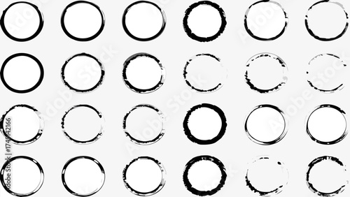 Collection of twenty four black and white circle ring shapes with varying levels of grunge texture