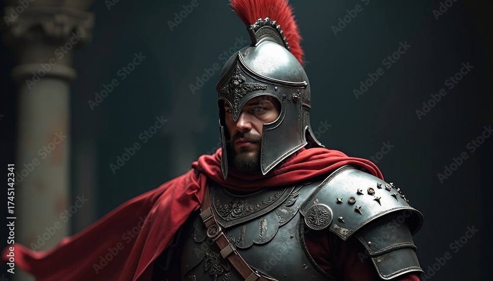 Fototapeta premium Ancient warrior with detailed armor, crest helmet stands under dramatic lighting. Man wears red cape, metal armor with engravings. Strong facial features, beard, serious expression. Background shows