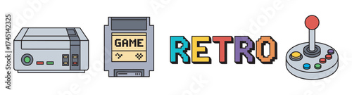 Classic gaming setup featuring a vintage console, a game cartridge, the word 'retro' in colorful block letters, and an arcade joystick with colorful buttons.